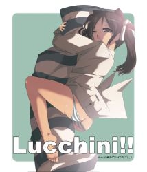 Rule 34 | 00s, 1girl, ass, bad id, bad pixiv id, barefoot, brown eyes, brown hair, butt crack, feet, francesca lucchini, hugging object, lowleg, lowleg panties, one eye closed, panties, pillow, pillow hug, soles, solo, strike witches, striped clothes, striped panties, toes, twintails, underwear, wink, world witches series, yamazaki kazu