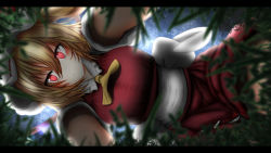 Rule 34 | 1girl, bad id, bad nicoseiga id, bow, breasts, flandre scarlet, from below, giant, giantess, hat, highres, large breasts, letterboxed, mob cap, neva, red eyes, side ponytail, smile, solo, touhou