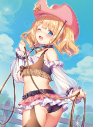 Rule 34 | 1girl, ;d, ass, back, bell, belt, blonde hair, blue eyes, blue sky, blush, buckle, cloud, collar, cowbell, cowboy hat, cowboy shot, crop top, day, dengeki moeou, detached sleeves, fang, flat chest, frilled sleeves, frills, fringe trim, from behind, glint, hat, highres, holding, lasso, lens flare, long sleeves, looking at viewer, looking back, momoniku, neck bell, one eye closed, open mouth, outdoors, pink hat, scan, see-through, short hair, short twintails, sidelocks, skin fang, sky, smile, solo, sparkle, star (symbol), twintails