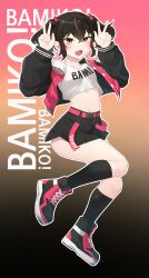 Rule 34 | 1girl, absurdres, belt, black hair, black skirt, black socks, brown eyes, clothes writing, commentary, crop top, fang, gradient background, hair between eyes, hair bobbles, hair ornament, hands up, highres, jacket, k0ng, kneehighs, long sleeves, looking at viewer, midriff, miniskirt, navel, open clothes, open jacket, open mouth, orange background, original, pink background, pink belt, pleated skirt, shirt, shoes, short hair, skirt, sneakers, socks, solo, stomach, thighs, twintails, w, white shirt