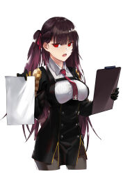 Rule 34 | 1girl, absurdres, black pantyhose, black skirt, blazer, blush, breasts, clipboard, collared shirt, cropped legs, framed breasts, girls&#039; frontline, gloves, hair ribbon, half updo, high-waist skirt, highres, holding, holding clipboard, holding paper, jacket, large breasts, long hair, looking at viewer, necktie, one side up, open mouth, pantyhose, paper, pelvic curtain, purple hair, red eyes, red necktie, red ribbon, ribbon, shirt, simple background, skirt, solo, striped clothes, striped shirt, very long hair, wa2000 (girls&#039; frontline), white background, xiaozilongjiang