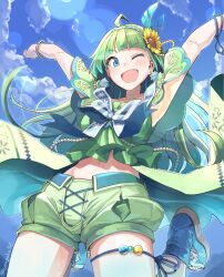 Rule 34 | 1girl, ahoge, armpits, arms up, bead necklace, beads, blue bow, blue bowtie, blue eyes, blue footwear, blue hairband, blue sky, blunt bangs, blush, bow, bowtie, breasts, byougaku, cloud, dot nose, earrings, floating hair, flower, green hair, green shirt, green shorts, hair flower, hair ornament, hairband, idolmaster, idolmaster million live!, idolmaster million live! theater days, jewelry, jumping, lens flare, long hair, looking at viewer, medium breasts, multiple bracelets, navel, necklace, one eye closed, open mouth, shimabara elena, shirt, shoes, shorts, sky, sleeveless, sleeveless shirt, smile, solo, sunflower, sunflower hair ornament, thigh strap, twitter username
