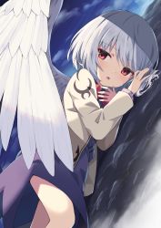 Rule 34 | 1girl, :o, angel wings, beige jacket, bow, bowtie, brooch, cloud, commentary request, dress, dutch angle, feathered wings, feet out of frame, highres, hiyaya (kochi michikaze), jacket, jewelry, kishin sagume, long sleeves, looking to the side, on ground, open clothes, open jacket, parted lips, purple dress, red bow, red bowtie, red eyes, short hair, silver hair, single wing, sky, solo, swept bangs, touhou, wings, ||/