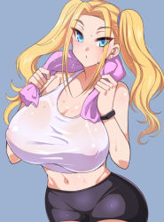 Rule 34 | 1girl, bare shoulders, bike shorts, blonde hair, blue background, blue eyes, blush, breasts, cleavage, earrings, covered erect nipples, huge breasts, jewelry, large breasts, long hair, looking at viewer, midriff, navel, nishida megane, original, parted lips, simple background, solo, sweat, tan, towel, twintails, wet, wet clothes