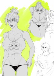 Rule 34 | 1boy, 1girl, blush, breasts, chain12123871, cleavage, closed eyes, collarbone, dio brando, embarrassed, genderswap, genderswap (mtf), hetero, highres, husband and wife, jewelry, jojo no kimyou na bouken, jonathan joestar, large breasts, lipstick, long hair, looking at another, makeup, nail polish, navel, parted lips, ring, smile, sweatdrop, tank top, thick thighs, thighs, thong, undressing, wedding ring