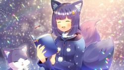 Rule 34 | 1girl, animal ears, book, bug, commission, crescent, crescent hair ornament, crescent moon, dragonfly, closed eyes, fox, fox ears, fox girl, fox tail, hair ornament, insect, kathykatz, kou hiyoyo, looking at viewer, moon, multiple tails, purple hair, skeb commission, sky, solo, star (sky), starry sky, tail, virsing, virtual youtuber