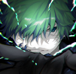 Rule 34 | 1boy, blurry, blurry foreground, boku no hero academia, commentary request, depth of field, energy, face, green eyes, green hair, grin, hair between eyes, hair over one eye, hand up, hei tai (kyaputen1), highres, looking at viewer, male focus, midoriya izuku, motion blur, out of frame, parted lips, short hair, smile, solo, teeth, torn clothes