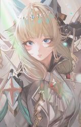 Rule 34 | 1girl, blonde hair, blue eyes, breasts, coat, collared shirt, crown (nikke), diadem, drill hair, eyelashes, goddess of victory: nikke, hair ornament, headgear, jewelry, junwen lululu, light blush, long hair, looking at viewer, medium breasts, necklace, shirt, solo, white coat, white shirt