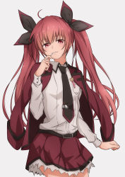 Rule 34 | 1girl, absurdres, ahoge, belt, belt buckle, black belt, black bow, blush, bow, breast pocket, buckle, closed mouth, collared shirt, cowboy shot, date a live, dress shirt, floating hair, grey background, hair between eyes, hair bow, highres, itsuka kotori, jacket, jacket on shoulders, long hair, long sleeves, looking at viewer, miniskirt, nishizuki shino, open clothes, open jacket, parted lips, pen in pocket, pleated skirt, pocket, red eyes, red hair, red jacket, red skirt, shirt, simple background, skirt, smile, solo, standing, twintails, very long hair, white shirt, wing collar