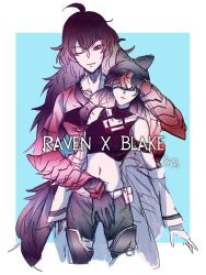 Rule 34 | 2girls, animal ears, blake belladonna, cat ears, cat girl, stomach, highres, jewelry, mature female, multiple girls, necklace, older woman and younger girl, raven branwen, red eyes, rwby