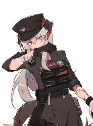 Rule 34 | 1girl, arknights, artist name, bandaged arm, bandages, belt, belt pouch, black gloves, black hat, black pants, black shirt, blood, blood on clothes, blood on face, bulletproof vest, commentary request, dragon horns, dragon tail, earclip, gloves, hand up, hat, highres, horns, id card, kyou 039, long hair, looking at viewer, official alternate costume, orange eyes, pants, police hat, pouch, saria (arknights), saria (the law) (arknights), scar, scar on arm, shirt, silver hair, simple background, single glove, sleeves rolled up, solo, tail, white background, wiping face