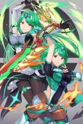 Rule 34 | 2girls, absurdres, alternate hair color, bare shoulders, black gloves, breasts, chest jewel, commentary, dress, dual persona, earrings, elbow gloves, female focus, fingerless gloves, fire, gloves, green hair, highres, holding, holding sword, holding weapon, jewelry, kamu (kamuuei), large breasts, long hair, multiple girls, mythra (massive melee) (xenoblade), mythra (xenoblade), nintendo, pantyhose, pantyhose under shorts, pneuma (xenoblade), pyra (xenoblade), red eyes, short dress, short hair, short shorts, shorts, smile, super smash bros., swept bangs, sword, symbol-only commentary, thighhighs, tiara, very long hair, weapon, white dress, white gloves, xenoblade chronicles (series), xenoblade chronicles 2, yellow eyes