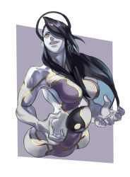 Rule 34 | 1girl, black hair, bodypaint, breasts, capcom, cleavage, colored skin, female seth (street fighter), grey skin, grin, hair over one eye, hair rings, highres, huge breasts, long hair, metal skin, neon trim, orb, painted clothes, skin tight, smile, solo, street fighter, street fighter v, very long hair, yellow eyes, yin yang, yin yang orb