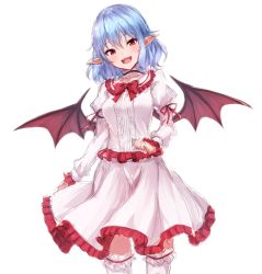 Rule 34 | 1girl, :d, arm ribbon, bat wings, blue hair, blush, bow, bowtie, breasts, bridal garter, center frills, choker, commentary, dress, feet out of frame, frilled choker, frilled dress, frilled shirt collar, frills, hair between eyes, head tilt, highres, juliet sleeves, junior27016, long sleeves, looking at viewer, medium breasts, no headwear, open mouth, pointy ears, puffy sleeves, red bow, red bowtie, red eyes, red ribbon, remilia scarlet, revision, ribbon, short hair, simple background, sketch, smile, solo, standing, thighhighs, touhou, white background, white dress, white thighhighs, wings, zettai ryouiki