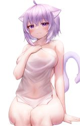 Rule 34 | 1girl, absurdres, ahoge, animal ears, bad id, bad twitter id, blush, breasts, cat ears, cat tail, closed mouth, collarbone, covered navel, covering privates, deaver, fang, highres, hololive, large breasts, looking at viewer, nekomata okayu, nude, nude cover, purple eyes, purple hair, see-through, short hair, simple background, skin fang, solo, tail, towel, virtual youtuber, wet, wet towel, white background