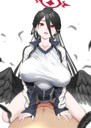 Rule 34 | 1boy, 1girl, absurdres, black hair, black wings, blue archive, blush, bottomless, breasts, covered erect nipples, feathered wings, feathers, hair between eyes, hasumi (blue archive), hasumi (track) (blue archive), hetero, highres, jacket, large breasts, long hair, looking at viewer, mole, mole under eye, open mouth, ponytail, pov, red eyes, sex, shiwasu no okina, simple background, sleeves past wrists, sweat, white background, wings