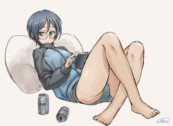 Rule 34 | 10s, 1girl, artist name, asahi breweries, bad id, bad pixiv id, beer can, blue jacket, can, cellphone, closed mouth, drink can, full body, girls und panzer, glasses, grey eyes, grey hair, grey panties, holding, holding phone, jacket, keizoku military uniform, long sleeves, looking at viewer, lying, military, military uniform, no pants, on back, panties, phone, pillow, raglan sleeves, round eyewear, rumi (girls und panzer), short hair, signature, smartphone, solo, solokov (okb-999), track jacket, underwear, uniform, white background