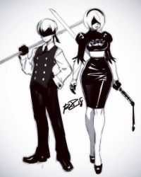 Rule 34 | 1boy, 1girl, android, blindfold, dress, highres, latex, latex dress, monochrome, nier (series), nier:automata, robaato, shiny clothes, sword, tagme, weapon, 2b (nier:automata), 9s (nier:automata)