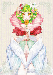 Rule 34 | 1girl, black hair, blunt bangs, bridal gauntlets, brown background, closed mouth, commentary request, cowboy shot, dress, expressionless, feathered wings, flower, flowery peko, green dress, green hair, hair flower, hair ornament, holding, holding flower, lace, looking at viewer, low wings, medium bangs, medium hair, orange flower, original, painting (medium), pink flower, pointy ears, red flower, sleeveless, sleeveless dress, solo, sunflower, thigh strap, traditional media, watercolor (medium), white bridal gauntlets, white flower, white wings, wings, yellow eyes, yellow flower