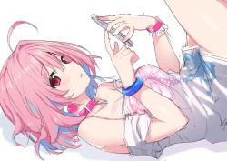 Rule 34 | 1girl, ahoge, artist request, bare shoulders, blue hair, bracelet, breasts, cellphone, collar, earrings, hair intakes, heart, idolmaster, idolmaster cinderella girls, jewelry, legs up, looking at viewer, multicolored hair, open mouth, phone, pill earrings, pink collar, pink eyes, pink hair, shirt, short hair, short sleeves, simple background, solo, source request, t-shirt, two-tone hair, white background, white shirt, wristband, yumemi riamu