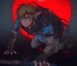 Rule 34 | 1boy, all fours, armor, artist name, black gloves, blonde hair, blood, blood in hair, blood on clothes, blood on face, blood on hands, bloody weapon, blue eyes, blue tunic, boots, bow (weapon), brown footwear, champion&#039;s tunic (zelda), earrings, fingerless gloves, full body, gloves, grey background, grey pants, hair between eyes, hands on ground, highres, holding, holding sword, holding weapon, iuew, jewelry, link, long sleeves, looking at viewer, male focus, master sword, messy hair, nintendo, pants, pointy ears, red sun, shoulder armor, solo, sword, the legend of zelda, the legend of zelda: breath of the wild, torn clothes, weapon, weapon on back