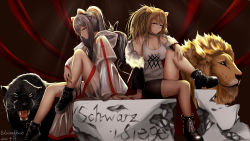 Rule 34 | 2girls, absurdres, animal ears, arknights, artist name, artist request, black footwear, blonde hair, boots, breasts, character name, chinese commentary, cleavage, dated, fur-trimmed jacket, fur trim, highres, jacket, lion, multiple girls, panther, pants, ponytail, schwarz (arknights), siege (arknights), silver hair, tail, tank top
