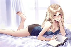 Rule 34 | 1girl, absurdres, ass, barefoot, bed, blonde hair, book, breasts, camisole, cleavage, copyright name, feet, filicia heideman, glasses, green eyes, head rest, highres, kishida mel, lingerie, long hair, lying, medium breasts, official art, on stomach, panties, scan, soles, solo, sora no woto, toes, underwear