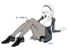 Rule 34 | 1girl, breasts, closed mouth, commentary request, dagashi kashi, greyscale, hairband, highres, kotoyama, looking at viewer, medium hair, monochrome, pantyhose, shidare hotaru, shoes, simple background, skirt, smile, solo, white background