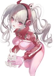 Rule 34 | 1-gou (111touban), 1girl, absurdres, alice (nikke), animal ear headphones, animal ears, bodysuit, breasts, clothes writing, covered navel, cropped jacket, fake animal ears, feet out of frame, gloves, goddess of victory: nikke, grey hair, headphones, headset, highres, holding, holding stuffed toy, impossible bodysuit, impossible clothes, jacket, light blush, long hair, looking at viewer, medium breasts, open mouth, pink bodysuit, pink gloves, puffy sleeves, red headphones, red jacket, sidelocks, simple background, skin tight, solo, stuffed animal, stuffed rabbit, stuffed toy, twintails, white background