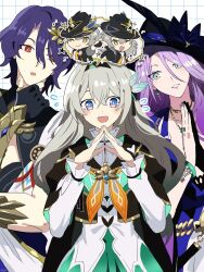 2boys 3girls black_coat black_hairband black_hat black_jacket blue_hair breasts caelus_(honkai:_star_rail) coat cropped_jacket dr._ratio_(honkai:_star_rail) firefly_(honkai:_star_rail) frilled_sleeves frills green_skirt grey_hair hair_between_eyes hair_ornament hairband hand_on_own_chin hat highres honkai:_star_rail honkai_(series) jacket jade_(honkai:_star_rail) large_hat long_hair long_sleeves medium_breasts multiple_boys multiple_girls neckerchief orange_neckerchief parted_bangs pirohi_(pirohi214) purple_hair red_eyes shirt short_hair skirt smile stelle_(honkai:_star_rail) trailblazer&#039;s_hat_(honkai:_star_rail) trailblazer_(honkai:_star_rail) two-tone_eyes upper_body white_shirt