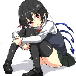 Rule 34 | 1girl, alternate costume, asymmetrical wings, black hair, black thighhighs, blush, bow, bowtie, greatmosu, houjuu nue, long sleeves, looking at viewer, md5 mismatch, pointy ears, red eyes, resized, resolution mismatch, shirt, shoes, short hair, simple background, sitting, skirt, smile, solo, source larger, thighhighs, touhou, white background, wings