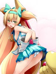 Rule 34 | 1girl, arc system works, ass, bare shoulders, bell, blazblue, blazblue: continuum shift, blonde hair, blue skirt, blush, bow, breasts, come hither, dd mayohara, covered erect nipples, flat chest, from behind, gloves, green eyes, hair bow, hairband, heart, heart-shaped pupils, long hair, looking at viewer, looking back, midriff, miniskirt, muchourin, naughty face, no bra, open mouth, panties, pantyshot, platinum the trinity, quad tails, seductive smile, sideboob, skirt, smile, solo, staff, symbol-shaped pupils, tongue, tongue out, two side up, underwear, upskirt, very long hair, weapon, white panties