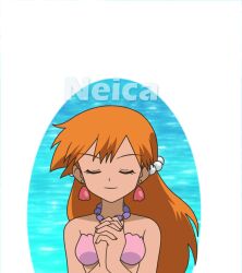 Rule 34 | 1girl, animated, animated gif, bare arms, bikini, breasts, closed eyes, creatures (company), earrings, full body, game freak, gen 1 pokemon, green eyes, hair ornament, jewelry, long hair, mermaid, mermaid costume, mermaid misty (pokemon), misty (pokemon), monster girl, navel, necklace, neica, nintendo, orange hair, pokemon, pokemon (anime), pokemon (classic anime), seashell, shell, shell bikini, small breasts, solo, swimsuit, water, wet