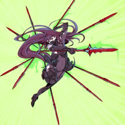 Rule 34 | 1girl, arm up, bodysuit, breasts, covered navel, covering own mouth, fate/grand order, fate (series), foreshortening, full body, gae bolg (fate), green background, head tilt, highres, holding, holding weapon, long hair, looking at viewer, mask, mouth mask, ninja, outstretched arm, parted lips, purple bodysuit, purple hair, red eyes, scathach (fate), shoulder pads, simple background, skin tight, solo, utu (ldnsft), very long hair, weapon