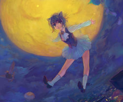 Rule 34 | 1girl, ame yamori, animal ears, bad id, bad pixiv id, city, cityscape, flying, full moon, happy, moon, mouse (animal), night, outstretched arms, short hair, skirt, smile, solo, spread arms