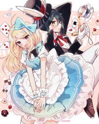 Rule 34 | 1boy, 1girl, :d, ahoge, akamatsu kaede, alice (alice in wonderland), alice (alice in wonderland) (cosplay), alice in wonderland, alternate costume, animal ears, apron, black bow, black hair, black headwear, blonde hair, blue dress, blush, bow, bowtie, breasts, brown eyes, brown footwear, candy, card, commentary request, cosplay, cup, dalrye v3, danganronpa (series), danganronpa v3: killing harmony, dress, food, fortissimo, frilled apron, frilled dress, frills, fruit, gloves, hair ornament, hat, jacket, long hair, long sleeves, looking at viewer, medium breasts, musical note, musical note hair ornament, open mouth, pants, pink eyes, playing card, pocket watch, puffy short sleeves, puffy sleeves, rabbit ears, red ribbon, ribbon, saihara shuichi, shirt, shoes, short hair, short sleeves, smile, strawberry, striped clothes, striped jacket, striped pants, teacup, thighhighs, top hat, twitter username, waist apron, watch, white apron, white gloves, white pants, white rabbit (alice in wonderland), white rabbit (cosplay), white shirt, white thighhighs