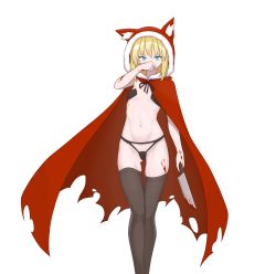 Rule 34 | 1girl, animal hood, black panties, black ribbon, black souls, black thighhighs, blonde hair, blood, blood on face, blood on hands, bloody weapon, blue eyes, breasts, cape, covered mouth, fur-trimmed hood, fur trim, gluteal fold, groin, highres, holding, holding knife, hood, hood up, hooded cape, knife, looking at viewer, medium hair, navel, panties, red cape, red hood (black souls), revealing clothes, ribbon, ribbonsnek, small breasts, solo, thighhighs, torn cape, torn clothes, transparent background, underwear, weapon