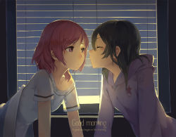 Rule 34 | 10s, 2girls, arm support, backlighting, black hair, blanket, window blinds, english text, closed eyes, face-to-face, female focus, hood, hood down, hoodie, huanxiang heitu, imminent kiss, long sleeves, looking at another, love live!, love live! school idol project, messy hair, morning, multiple girls, nishikino maki, purple eyes, red hair, shirt, short sleeves, star (symbol), waiting for kiss, window, yazawa nico, yuri