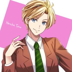 Rule 34 | 1girl, absurdres, bishoujo senshi sailor moon, blonde hair, blouse, blue eyes, brown jacket, chanmarorux, character name, closed mouth, collared shirt, forehead, formal, green necktie, hand up, highres, jacket, looking at viewer, necktie, parted bangs, reverse trap, sailor uranus, shirt, short hair, simple background, smile, solo, suit, ten&#039;ou haruka, two-tone background, upper body, white shirt