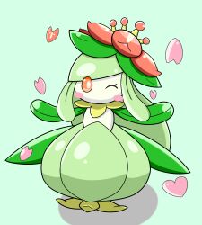 Rule 34 | 1girl, blush, blush stickers, bright pupils, colored skin, creatures (company), female focus, flat chest, flower, full body, game freak, gen 5 pokemon, green background, green hair, green skin, green theme, hair flower, hair ornament, hands up, lilligant, long hair, looking at viewer, monster girl, multicolored skin, nintendo, no mouth, one eye closed, orange eyes, petals, plant girl, pokemon, pokemon (creature), red flower, sasada (ssd ng), sidelocks, simple background, solo, standing, swept bangs, very long hair, white pupils, white skin, wink