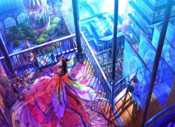 Rule 34 | 2girls, architecture, bamboo shoot, black hair, book, bridge, brown hair, bug, butterfly, cage, card, cat, colorful, east asian architecture, fish, floral print, from above, fuzichoco, hair ornament, hair stick, highres, bug, japanese clothes, kimono, kiseru, lantern, long hair, multiple girls, oiran, original, pagoda, perspective, pillar, smoking pipe, purple eyes, railing, scenery, sitting, sleeves past wrists, tabi, table, very long hair, water, wooden floor