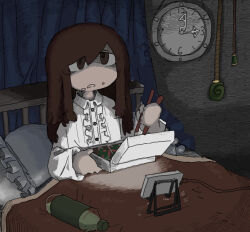 Rule 34 | 1girl, bedroom, bottle, brown eyes, brown hair, cellphone, center frills, charging device, chopsticks, clock, collared shirt, dark room, food, food on face, frills, frown, hatching (texture), highres, holding, holding chopsticks, indoors, long hair, long sleeves, night, open mouth, original, pajamas, phone, phone stand, pillow, shaded face, shirt, sidelocks, sitting, smartphone, solo, swept bangs, takeout container, torosakana, under covers, wall clock, white pajamas