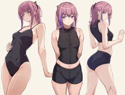 Rule 34 | 3 small spiders, absurdres, arm support, arms behind back, bike shorts, black shorts, breasts, crop top, girls&#039; frontline, highres, long hair, multicolored hair, multiple views, pink eyes, pink hair, ponytail, shirt, shorts, sleeveless, sleeveless shirt, small breasts, smile, st ar-15 (girls&#039; frontline), streaked hair, swimsuit