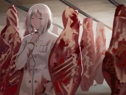 Rule 34 | 1girl, :/, blood, blood on clothes, buttons, chef, closed mouth, coat, commentary, food, hand up, implied cannibalism, index finger raised, library of ruina, long sleeves, looking at viewer, meat, na-gyou (nunumaru), pierre (project moon), pocket, project moon, white coat, white hair, yellow eyes