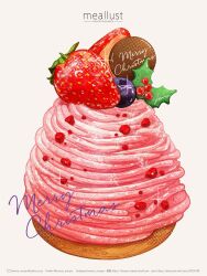 Rule 34 | artist name, blueberry, brown background, cake, christmas, food, food focus, fruit, glint, haruna macpro, highres, holly, icing, merry christmas, no humans, original, simple background, strawberry, twitter username, watermark, web address