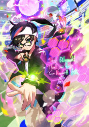 Rule 34 | 1boy, 1girl, alternate color, arm up, arms up, bare shoulders, black-framed eyewear, black dress, black gloves, black hair, black jacket, black pants, blue hair, bob cut, bracelet, closed mouth, colored skin, commission, confetti, creatures (company), dress, elbow gloves, flat chest, game freak, gardevoir, gen 3 pokemon, glasses, gloves, glowing, green eyes, hair over one eye, hairband, happy, highres, holding, holding poke ball, jacket, jewelry, long sleeves, looking at viewer, luxury ball, male protagonist (pokemon go), mega gardevoir, mega pokemon, moonblast (pokemon), nintendo, one eye covered, open clothes, open jacket, open mouth, outdoors, outstretched arm, pants, pointing, pointing at viewer, poke ball, pokemon, pokemon go, pokemon move, red eyes, shiny pokemon, shirt, short hair, sidelocks, skeb commission, smile, sparkle, split mouth, stadium, strapless, strapless dress, swept bangs, tom (pixiv10026189), white shirt, white skin