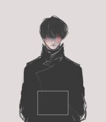 Rule 34 | 1boy, absurdres, black eyes, black hair, black jacket, closed mouth, commentary, fatalbug896, glasses, glowing, glowing eye, grey background, hair between eyes, hands in pockets, heterochromia, high collar, highres, jacket, kaneki ken, looking at viewer, male focus, monochrome, rectangle, red eyes, short hair, simple background, solo, spot color, standing, tokyo ghoul, upper body