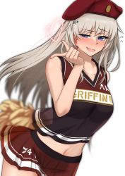 Rule 34 | absurdres, ak74m (girls&#039; frontline), beret, blue eyes, blush, breasts, brown skirt, cheerleader, clothes writing, collarbone, girls&#039; frontline, grey hair, hair ornament, hairclip, hat, highres, long hair, looking at viewer, medium breasts, midriff, mosa331, navel, open mouth, pom pom (cheerleading), red hat, simple background, skirt, white background