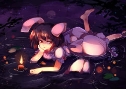 Rule 34 | 1girl, animal ears, barefoot, black hair, candle, carrot necklace, dress, in water, inaba tewi, jewelry, looking at viewer, lying, necklace, on stomach, pendant, pink dress, rabbit ears, red eyes, short hair, sketch, solo, touhou, yetworldview kaze