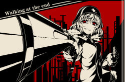 Rule 34 | 1girl, absurdres, aiming, aiming at viewer, anotoki ashi, commentary request, english text, evil smile, food, fur trim, gloves, gun, hair between eyes, helmet, highres, holding, holding food, holding gun, holding weapon, jacket, looking at viewer, combat helmet, monochrome, parted lips, red background, red eyes, revision, rifle, shoujo shuumatsu ryokou, smile, solo, stahlhelm, weapon, yuuri (shoujo shuumatsu ryokou), zipper